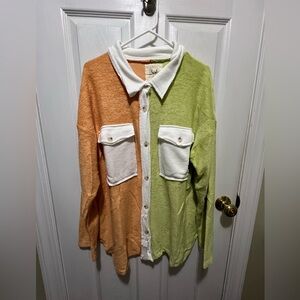 Orange and Green Button-Up French Terry Shacket